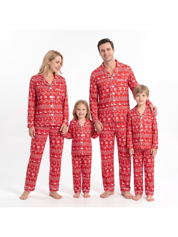 Family Matching Christmas Pajamas Set Long Sleeve Button-Down Holiday Sleepwear Nordic Fair Isle Print with Reindeer & Snowflakes for Dad Mom Kids