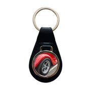 Classic Red Hot Rod Car Metal Black Leather Keychain