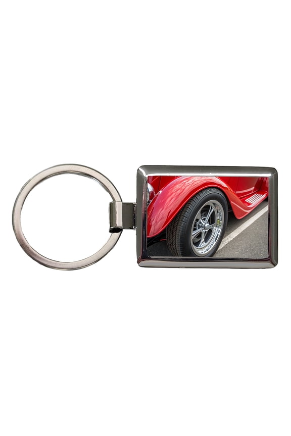 Classic Red Hot Rod Car Metal Rectangle Keychain
