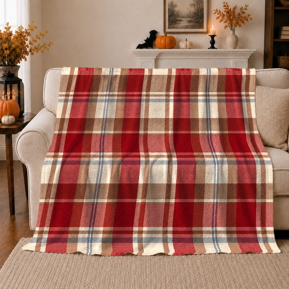 Classic Red Plaid Autumn Living Room, Festive Artistic Scene, Warm Flannel Blanket for Cabin and Lodge with Detailed Artwork, Art Lovers Thanksgiving Gift, Artistic Home Decor