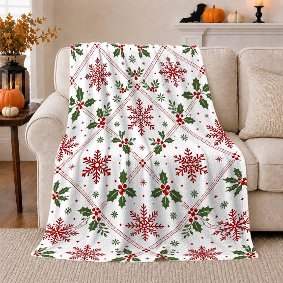 Classic Red Snowflake Holly Holiday Pattern, Festive Holiday Scene, Warm Flannel Blanket for Living Room and Reading Nook, Art Lovers Friendship Gift, Festive Home Decor