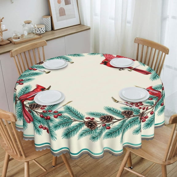 Cardinal Pine Berry Winter Wreath Round Tablecloth Waterproof Oil Proof Spill Proof Table Cloth 70" for Camping, Dining, Indoor and Outdoor Table Cover