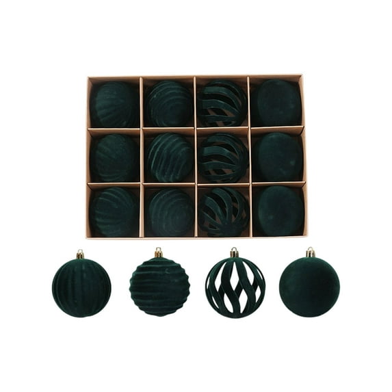 Classic Red and Green Christmas Ball Ornaments 12 Piece Set, Traditional Color Flocked Baubles for Xmas Tree and Holiday Wreath Decorating(Green)