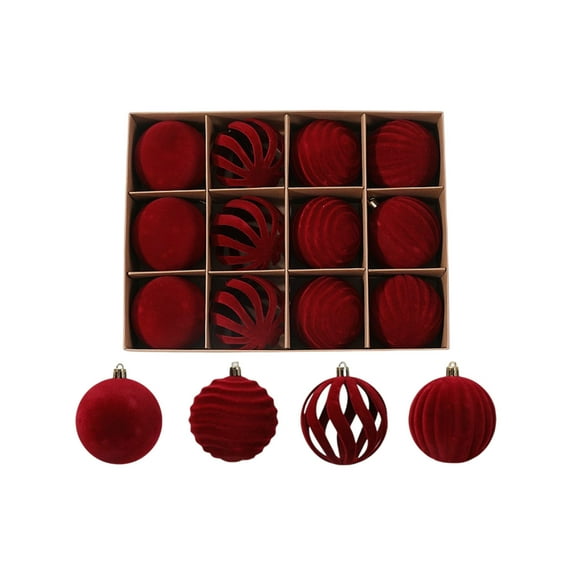 Classic Red and Green Christmas Ball Ornaments 12 Piece Set, Traditional Color Flocked Baubles for Xmas Tree and Holiday Wreath Decorating(Red)