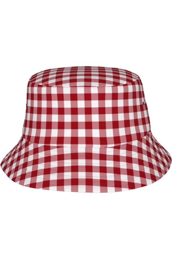 Classic Red and White Checkered Gingham Pattern Sun Hats Washed Denim Bucket Hats Packable Beach Hats