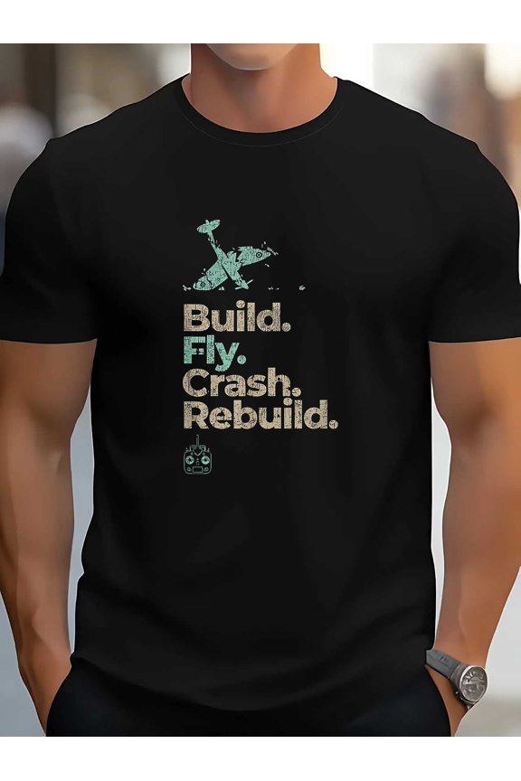 Classic Remote Control Airplane Construction, Flight, Crash, And Reconstruction Graphic T-Shirt - Made from 100%, 180Gt, Casual Crew Neck Tee with Short Sleeves for Men, Ideal for Aviation Lovers