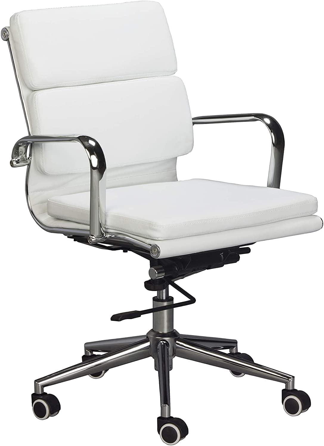 Classic Replica Padded Seat and Back Cushion Medium Back Office Chair - PU White Leather Thick high Density Foam, stabilizing bar Swivel & Deluxe Tilting Mechanism