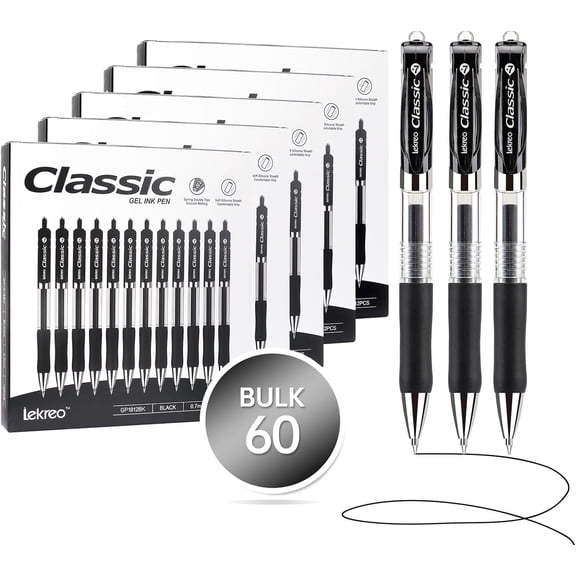 Classic Retractable Gel Roller Pens, 0.7mm Fine Point (Black Ink - 60 Packs)