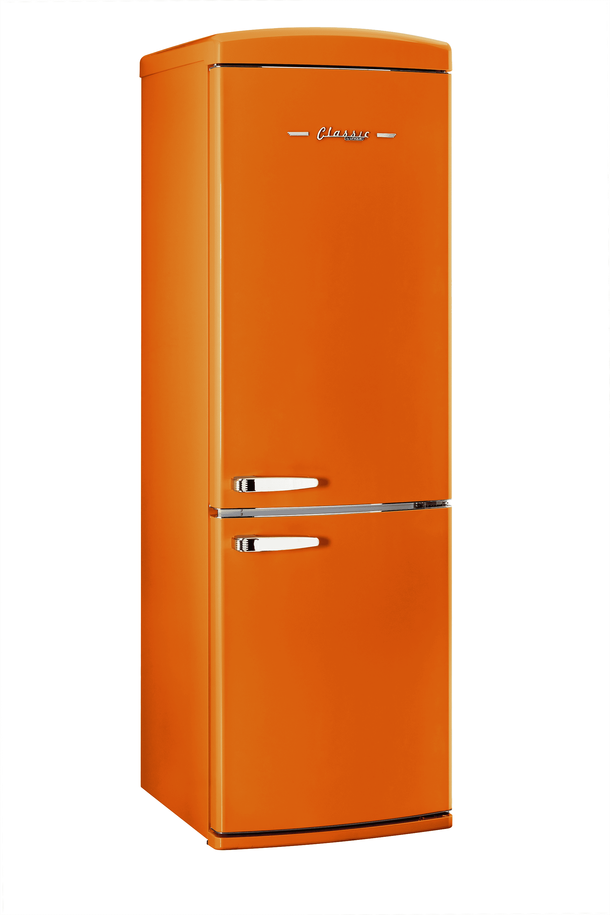 Creamsicle Orange Retro Bottom Freezer Refrigerator with Chrome Handles