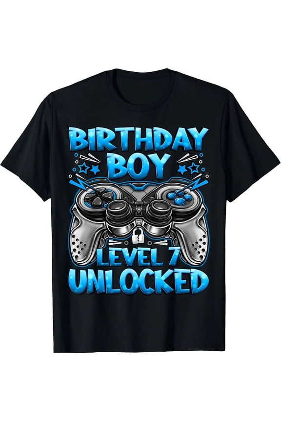 Classic Retro Birthday Boy Level 7 Unlocked 7th Birthday Gaming Unisex T-Shirt, S - 5XL