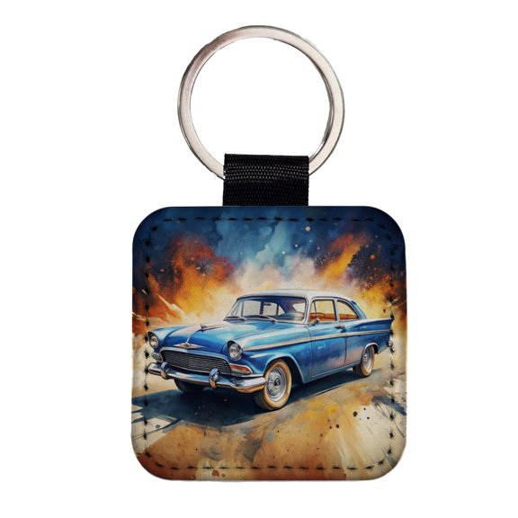 Classic Retro Car Art Faux Leather Square Keychain