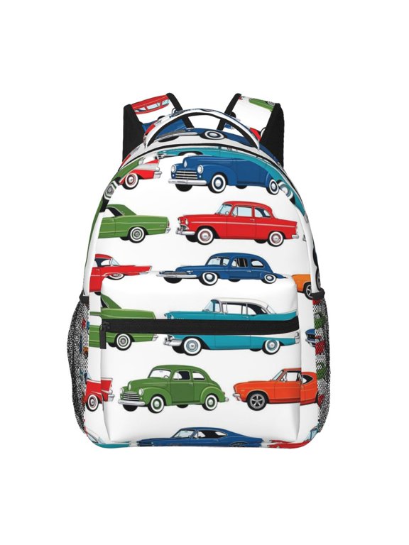 Classic Retro Car Pattern Backpack Casual College Bag Zipper Laptop Daypack Hiking Rucksack Travel