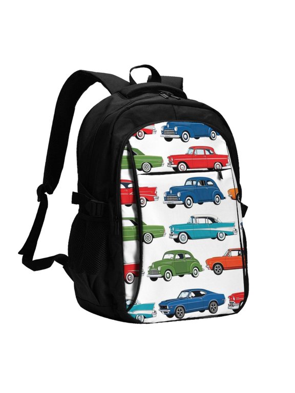 Classic Retro Car Pattern Laptop Backpack with USB Charging Headphone Port Casual Daypack Bag College Business Travel