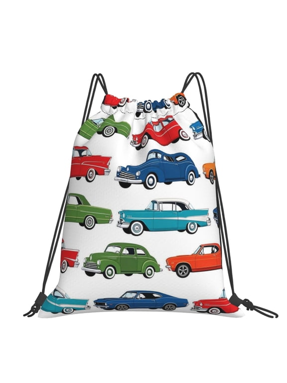 Classic Retro Car Pattern Large Drawstring Backpack Casual Cinch Sack Bag Backpack for Sports Hiking Travel Gym
