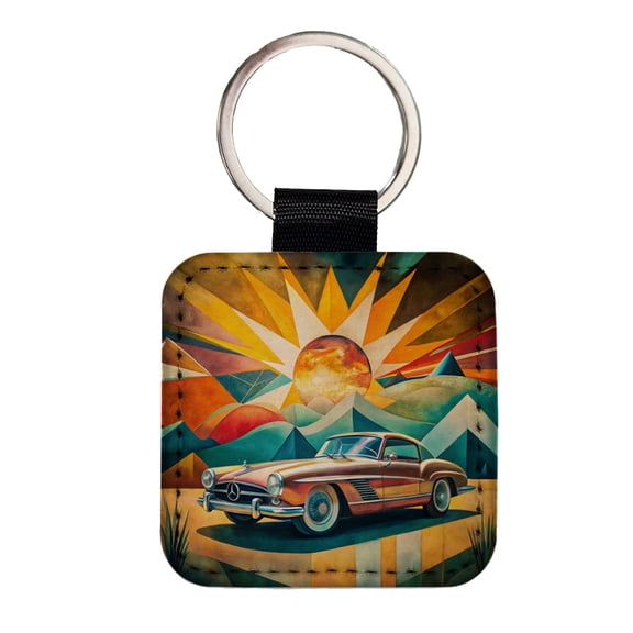 Classic Retro German Car Art Faux Leather Square Keychain