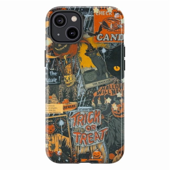 Classic Retro Halloween Phone Case, Trick or Treat Pumpkin Black Cat iPhone Cover for iPhone 16 15 14 13 12 11 Pro Max Plus Mini