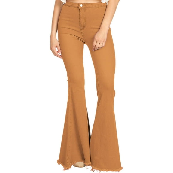Classic Retro High Waist Long Denim Frayed Hem Bell Bottom Jeans-Medium, Brown