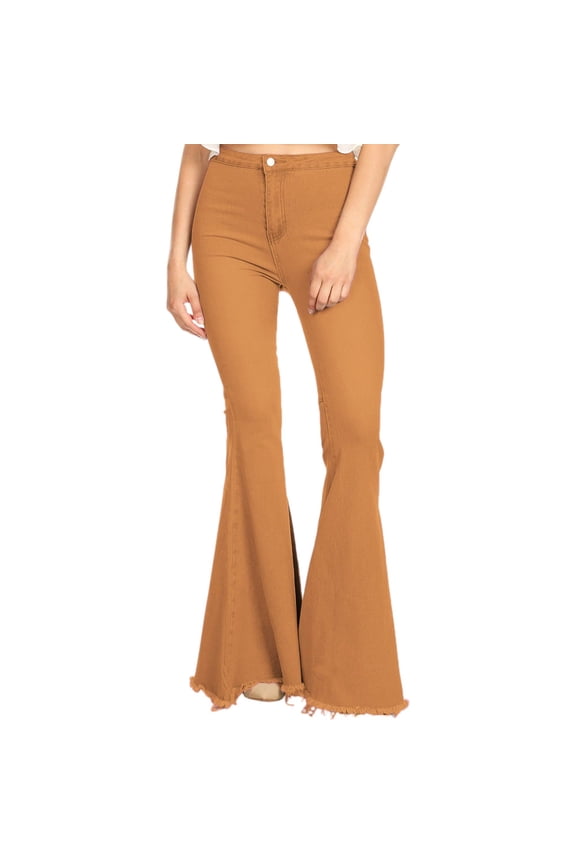 Classic Retro High Waist Long Denim Frayed Hem Bell Bottom Jeans-X Large, Brown