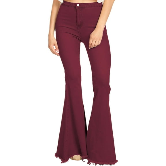 Classic Retro High Waist Long Denim Frayed Hem Bell Bottom Jeans-X Large, Burgundy