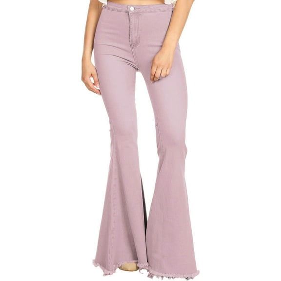 Classic Retro High Waist Long Denim Frayed Hem Bell Bottom Jeans-XX Large, Mauve