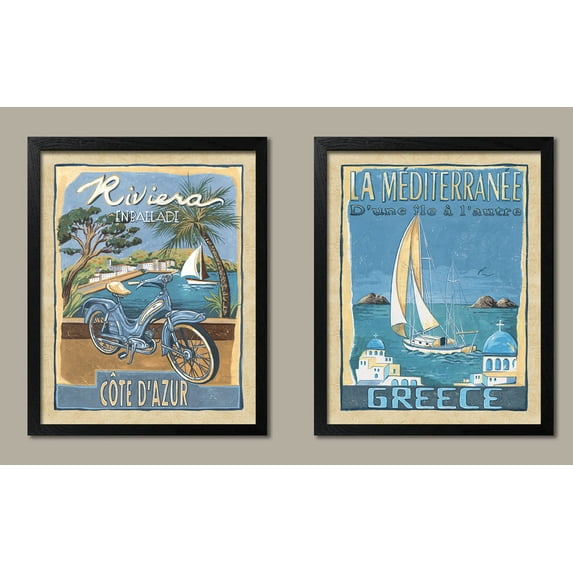 Classic Retro RIViera & Greece Travel Posters; Two 11x14in Black Framed Prints; Ready to hang!