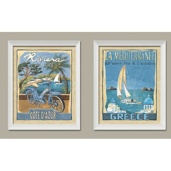 Classic Retro RIViera & Greece Travel Posters; Two 11x14in White Framed Prints; Ready to hang!