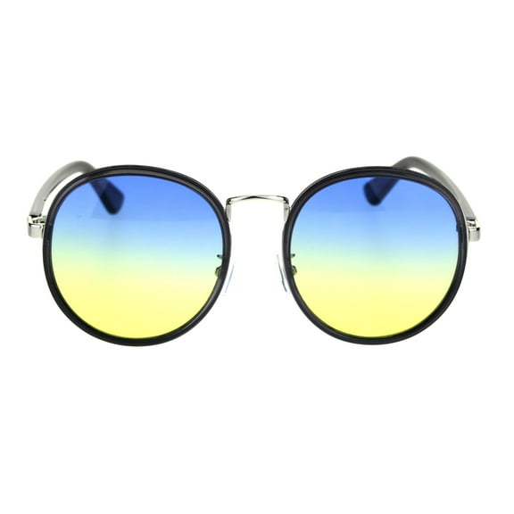 Classic Retro Round Double Rim Chic Fashion Sunglasses Slate Silver Blue Yellow