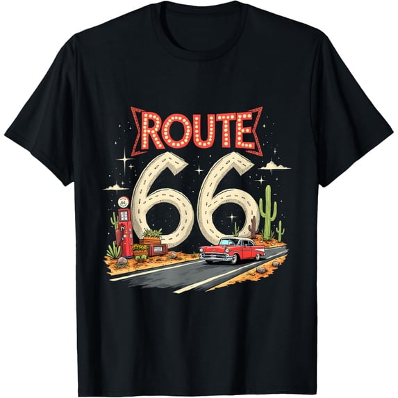 Classic Retro Route 66 Desert Scene with Red Vintage Car T-Shirt
