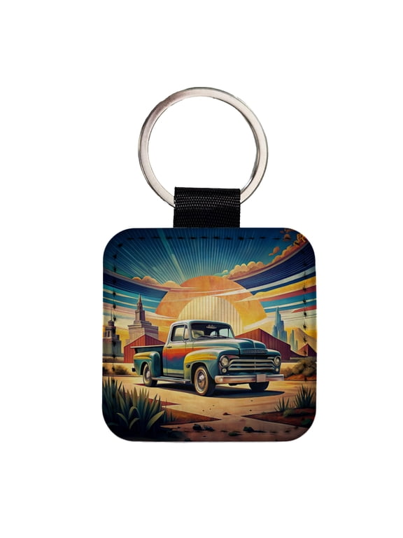 Classic Retro Truck Art Faux Leather Square Keychain