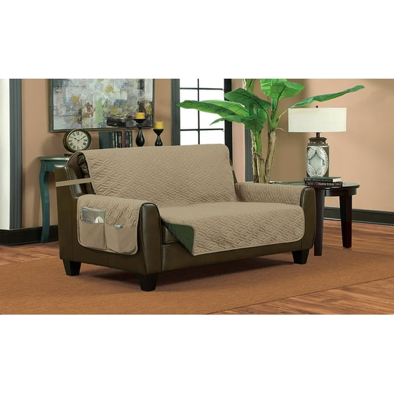 Classic Reversible Quilted Waterproof Furniture Protector Diamond Design (Loveseat, Taupe/Hunter)