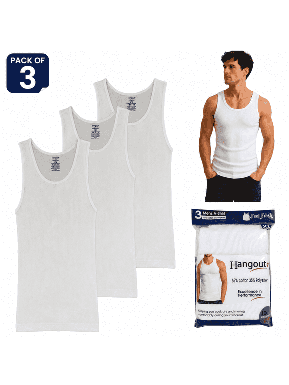 Classic Ribbed Men's A-Shirt Undershirts, Size XL, Breathable Cotton Polyester Blend Tank Tops, Moisture Wicking Gym Undershirts, Pack of 3