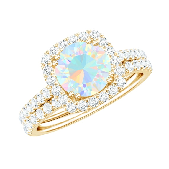Rosec Jewels Classic Ring Set with Ethiopian Opal and Moissanite for Women - 8 MM, 10K Yellow Gold, US 5.00