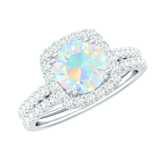 Rosec Jewels Classic Ring Set with Ethiopian Opal and Moissanite for Women - 8 MM, 14K White Gold, US 12.50