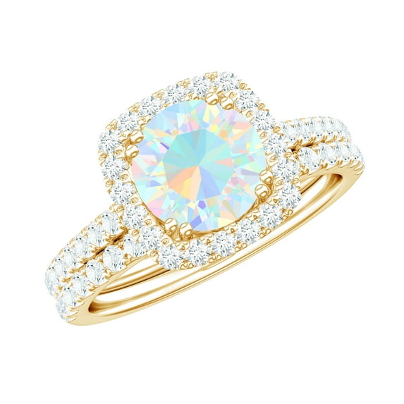 Rosec Jewels Classic Ring Set with Ethiopian Opal and Moissanite for Women - 8 MM, 14K Yellow Gold, US 7.50