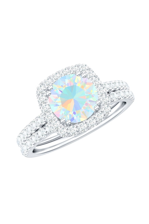 Classic Ethiopian Opal Wedding Ring Set - 2 Carat Opal Engagement Ring with Band - AAA Quality - with Jewelry Box, 925 Sterling Silver, US 5.00