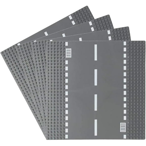 Classic Road Base Plates, City Street Straight Road Building Kit, 10 x 10 Inches Town Baseplate for Building Bricks Compatible with All Major Brands(Straight 4 Pieces)
