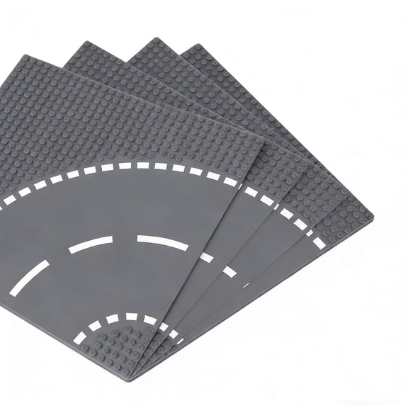 Classic Road Street Base Plates, City Town Curve Road Building Kit, 25 x 25 cm Baseplate for Building Bricks Compatible with All Major Brands (Curve 4 Pieces)