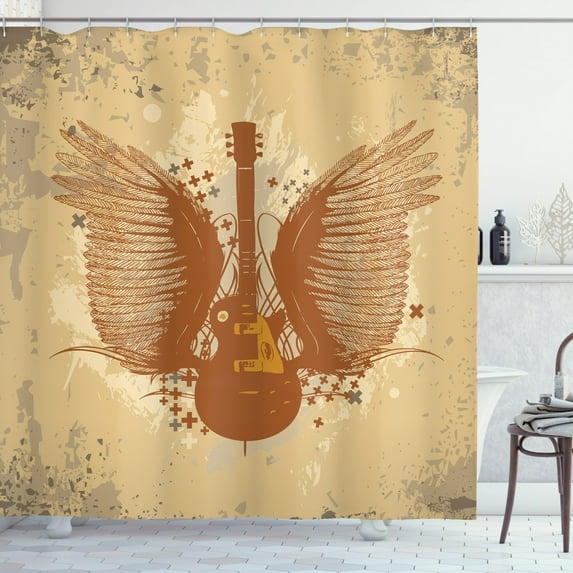 Classic Rock Shower Curtain, Electric Guitar with Wings Design on Grungy Background, Fabric Bathroom Set with Hooks, 69W X 75L Inches Long, Sand Brown Warm Taupe Pale Caramel, by Ambesonne