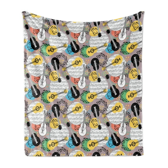 Classic Rock Soft Flannel Fleece Throw Blanket, 6 String Classical Guitars Repeating Pattern on Musical Notes Background, Cozy Plush for Indoor and Outdoor Use, 50" x 60", Multicolor, by Ambesonne