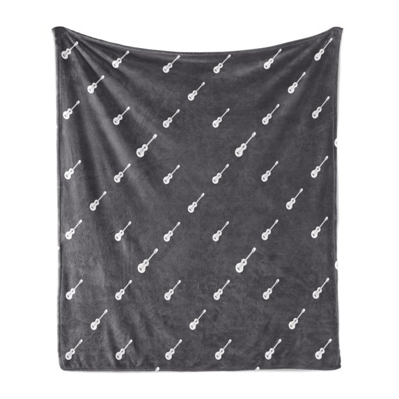 Classic Rock Soft Flannel Fleece Throw Blanket, Diagonally Aligned 4 String Guitars Music Instruments Pattern, Cozy Plush for Indoor and Outdoor Use, 50" x 70", Charcoal Grey and White, by Ambesonne