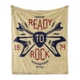 thumbnail image 1 of Classic Rock Soft Flannel Fleece Throw Blanket, Ready to Rock Saying with Flying V Guitar and Pick Vintage Print, Cozy Plush for Indoor and Outdoor Use, 50" x 60", Beige Ruby Night Blue, by Ambesonne, 1 of 5