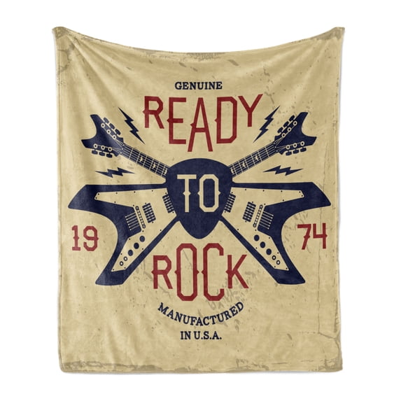 Classic Rock Soft Flannel Fleece Throw Blanket, Ready to Rock Saying with Flying V Guitar and Pick Vintage Print, Cozy Plush for Indoor and Outdoor Use, 70" x 90", Beige Ruby Night Blue, by Ambesonne