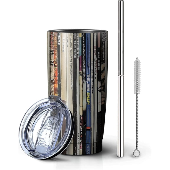 Classic Rock Vinyl Records Tumbler 20 Oz Stainless Steel Double Wall Vacuum Insulated with Straw and Lid Retro Rock Records Travel Tumbler Gifts for Classic Rock Music Lovers