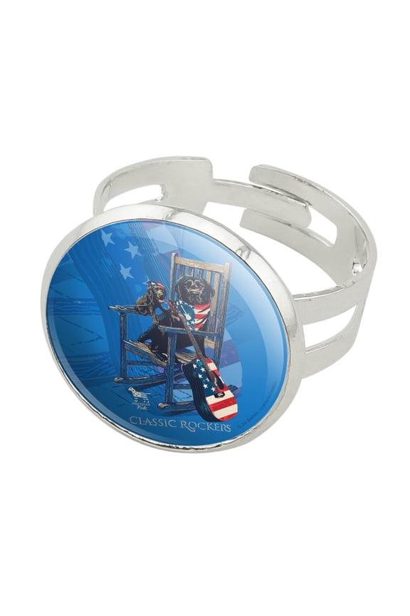 Classic Rockers Dogs Rocking Chair USA Flag Silver Plated Adjustable Novelty Ring