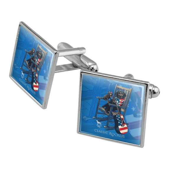Classic Rockers Dogs Rocking Chair USA Flag Square Cufflink Set - Silver or Gold
