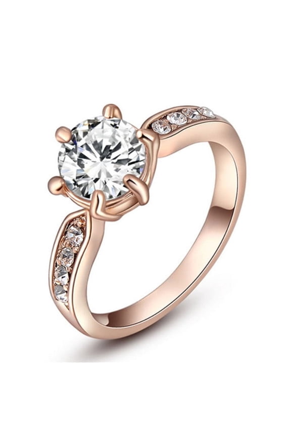 Classic Rose Gold Six-Claw Diamond Ring Inlaid With White Gold, European American Style, Copper, Geometry, For Women