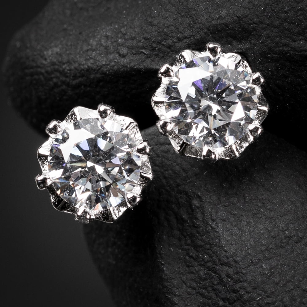 Classic Round Cut Halo Men Women White Gold Plated 925 Sterling Silver Brilliant Iced Cz Solitaire Stud Earrings Screw Back Stud Circle Earrings 8 Millimeters Unisex Small Earring Studs
