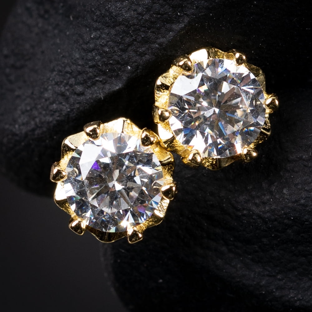 Classic Round Cut Halo Men Women Yellow Gold Plated 925 Sterling Silver Brilliant Iced Cz Solitaire Stud Earrings Screw Back Stud Circle Earrings 8 Millimeters Unisex Small Earring Studs