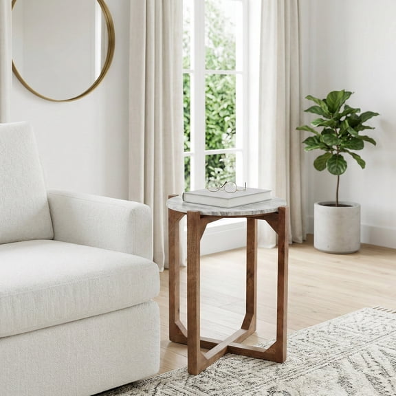 Modern Marble and Mango Wood End Table for Living Room Decor - Home Decor Accent for Bedroom and Night Stand - Drink Table for Small Spaces - 22", Ivory & Gray