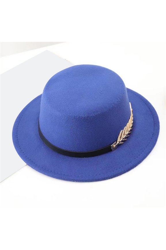 Classic Round Flat Top Hat for Men and Women, Solid Color Wool Felt Dress Hat, Wide Brim Formal Hat for Wedding, Church, Tea Party, and Special Events - Blue